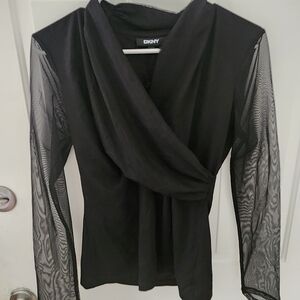 DKNY Black Drape Front Top with Mesh Sleeves